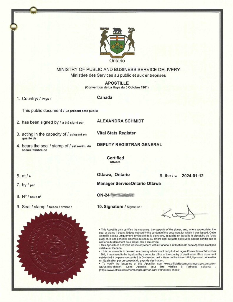 New Ontario Apostille Certificate