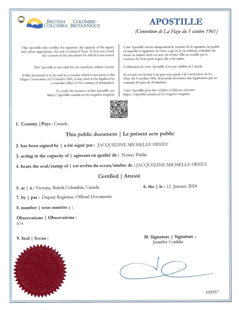 British Columbia Apostille Certificate