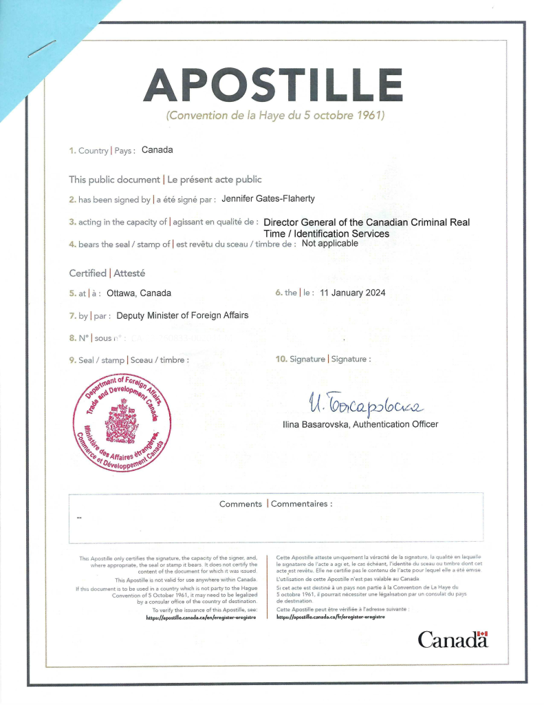 Global Affairs Canada Apostille Certificate